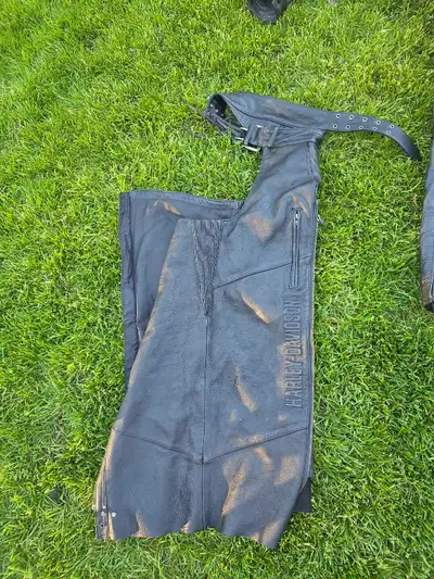 Almost new harley davidson chaps , sun glare on them in the picture not bleached ! Fit medium to xxl...