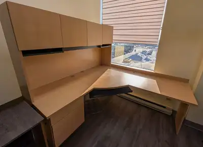 L shape office desk with numerous storage. The desk is already disassembled. Pick up near metro pie-...