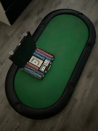 Poker table fits roughly 5-6 people Foldable legs World poker tournament chip and cards set with tra...