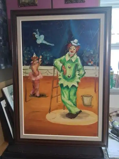 Vintage Framed Oil Painting – Circus Clown, View more