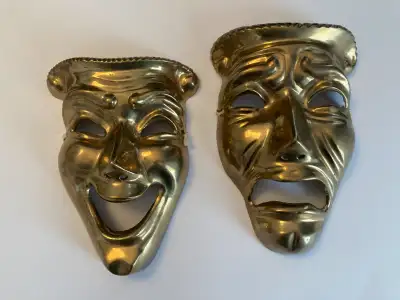 Vintage Solid Brass Comedy and Tragedy Masks Wall Decor  Drama, View more