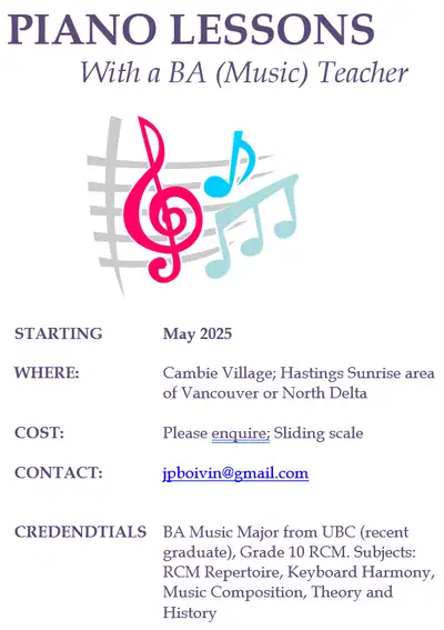 Hello, I’m offering piano, composition and music theory lessons starting in May 2025 (either at your...