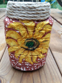 Hand painted sunflower - plaster on glass jar