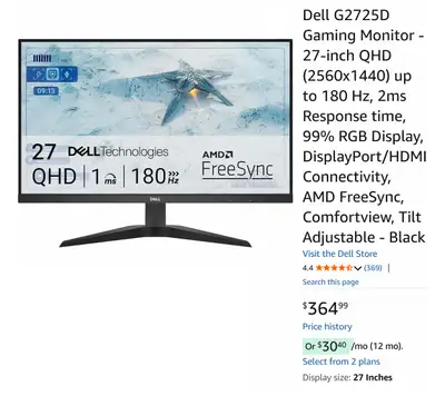 $364 Dell G2725D 27-inch QHD Gaming Monitor, 180Hz, 2ms, 99% RGB, View more