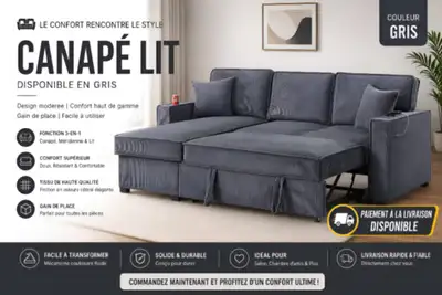 À SAISIR ! Canapé-lit gris moderne avec paiement à la livraison, View more