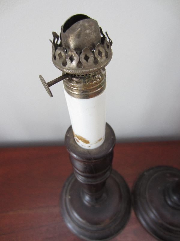 Antique Unusual Pair Glass and Wood Candle Stick Oil Lamps in Arts & Collectibles in Ottawa - Image 2