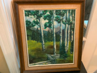 OIL PAINTING, birch, signed + framed, 15.5in x 16in