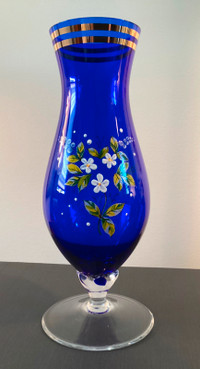 PRICE DROP! Vintage Cobalt Glass Vase Gold Trim Hand Painted