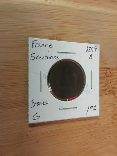 1854 France 5 Centimes A Bronze G Token, View more