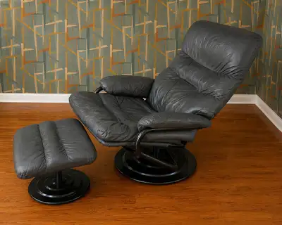 Vintage " ChairWorks" Leather Swivel Recliner & Ottoman, View more
