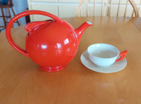 1940's Hall China Red Air Flow Teapot Art Deco Cup & Saucer