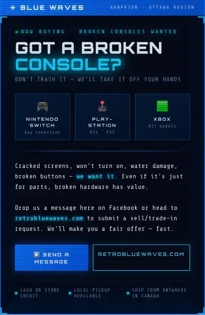 Looking for broken consoles! Do you have an old Nintendo Switch, Playstation (PS4 or PS5), or Xbox t...