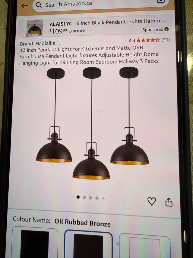 12 Inch Pendant Lights for Kitchen Island in Indoor Lighting & Fans in Mississauga / Peel Region - Image 5