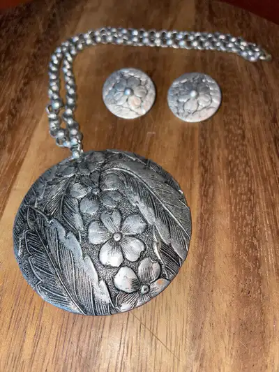 Vintage 1950s  Hammered Aluminum Necklace and Clip-on Earrings, View more