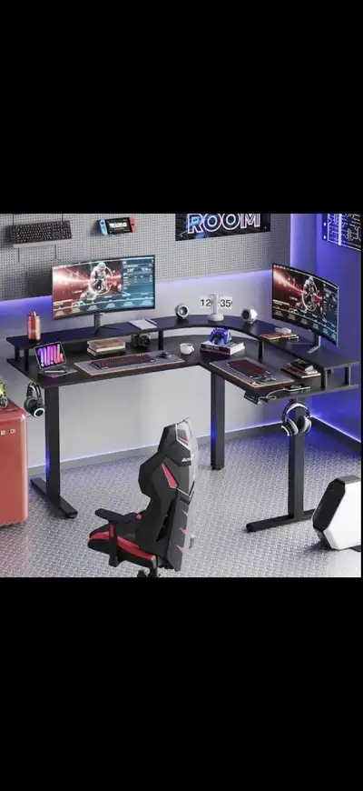 63 in Office Table L-Shaped Black Carbon Fiber，USB Port, View more