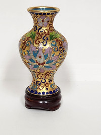 Vintage Miniature Brass Cloisonne Vase with Wood Stand