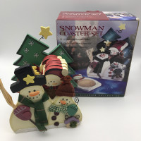 Wooden Snowman Coaster Set - 6 Coasters in Holder