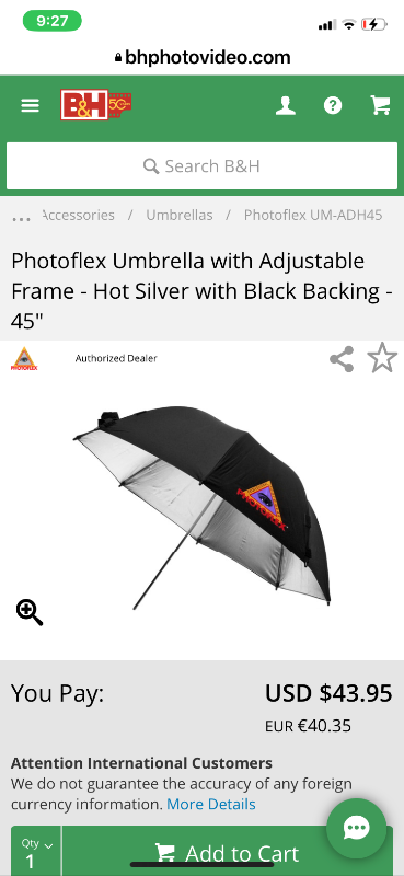 Photoflex Silver adjustable umbrella. Brand new. 45”