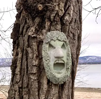 Add a touch of mystery to your home with this green stone face garden / outdoor art. High-Quality Ma...