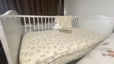 IKEA Crib (White) + Mattress & Cover – Excellent Conditio, View more