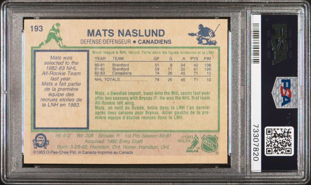 MATS NASLUND ... 1983-84 O-Pee-Chee ... ROOKIE CARD - PSA MINT 9 in Arts & Collectibles in City of Halifax - Image 2