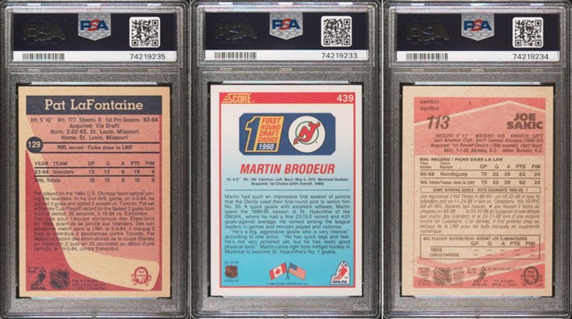 Joe Sakic, Martin Brodeur, Pat LaFontaine PSA graded RC lot of 3 in Arts & Collectibles in Mississauga / Peel Region - Image 2