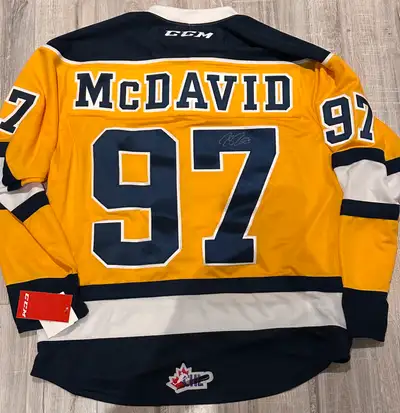 Connor McDavid autographed Erie Otters Yellow jersey. This is a very rare offering … autographed by...
