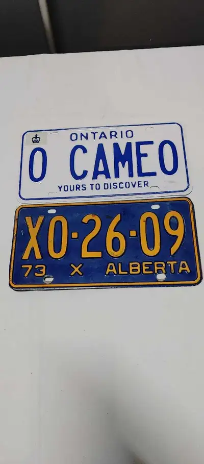Vintage Alberta License plate 1973. Vanity Ontario Licence plate. $30 for both, Alberta $20 / Ontari...
