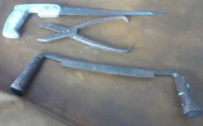 4 Vintage Tools, Saw, 2 Draw Saws, Heavy Wire Snip, View more