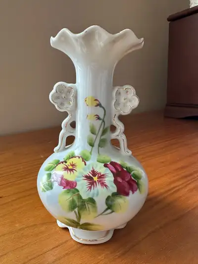 Vintage Porcelain Bud Vase with Pansies - Gold Rim - 6”  tall, View more