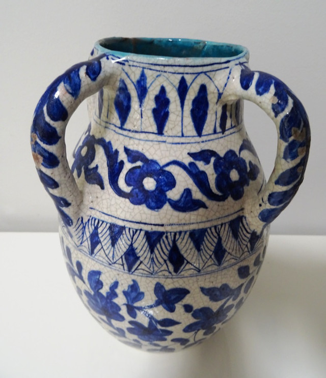 early MOROCCAN EWER 4 handled Blue White CRACKLE GLAZE Moorish in Arts & Collectibles in Hamilton - Image 2