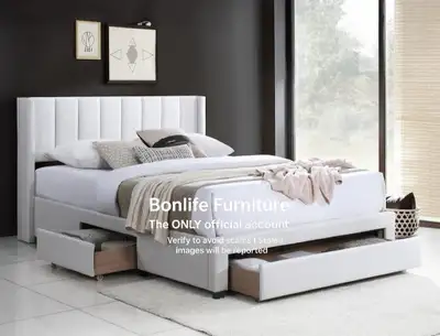 Brand new fabric platform bed frame with drawers on sale Available in cream and grey Double $389 Que...