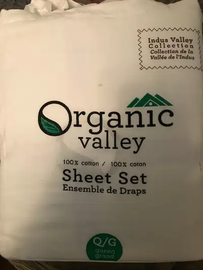 Queen-size sheet sets. White organic cotton. Never used 75.00.
