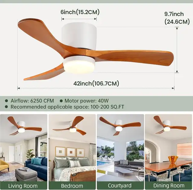 GESUM 42" Flush Mount Ceiling Fan with Lights3 Wood Blades in Indoor Lighting & Fans in Mississauga / Peel Region - Image 4