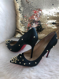 Louboutin like black stiletto high heels gold stud rockstar pump