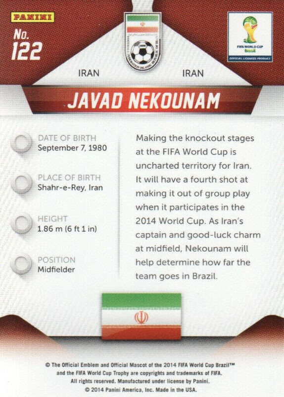 Javad Nekounam 2014 Panini Prizm FIFA World Cup Soccer #122 Iran dans Art et objets de collection  à Longueuil/Rive Sud - Image 2