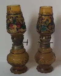 Vintage Amber Faux Stained Glass Miniature Oil Hurricane Lamps