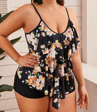 Plus Sz Floral Random Print Tiered Layer Top With Shorts Tankini
