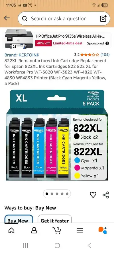 I'm selling a new, unopened 4-pack of Kerfoink 822XL Remanufactured Ink Cartridges, a replacement fo...