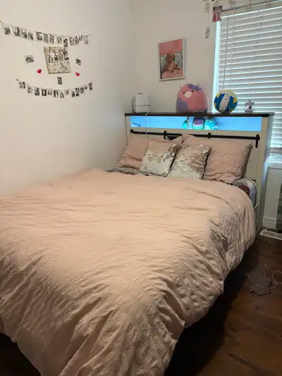 White Queen size bedframe with lights and storage, View more