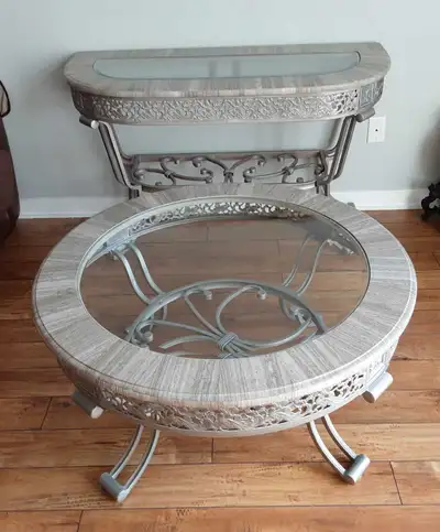 Round Glass and marble table, 30" Wide / Base steel/ Height 19.5" and Halway (Accent) with glass and...