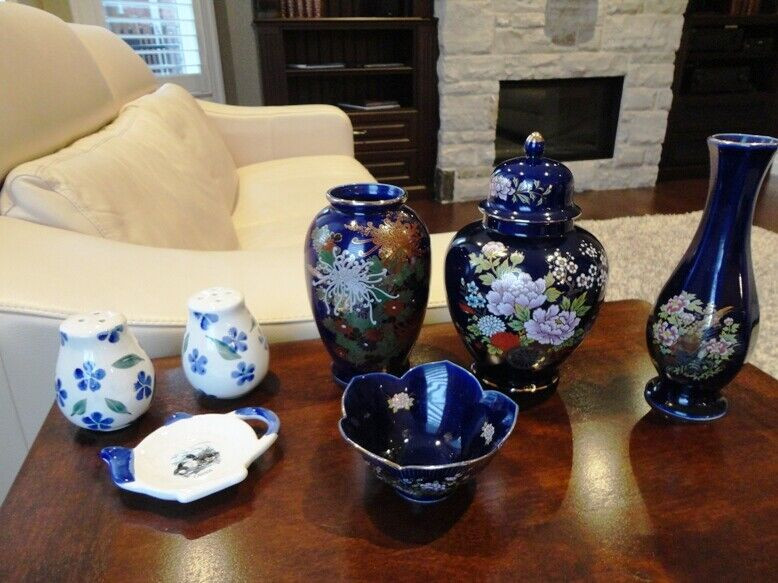 4 Pc. Deep Blue Floral Design Japan Ceramic Set +Salt & Pepper +, used for sale  