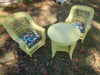 3 Wicker chairs, table and plant stand