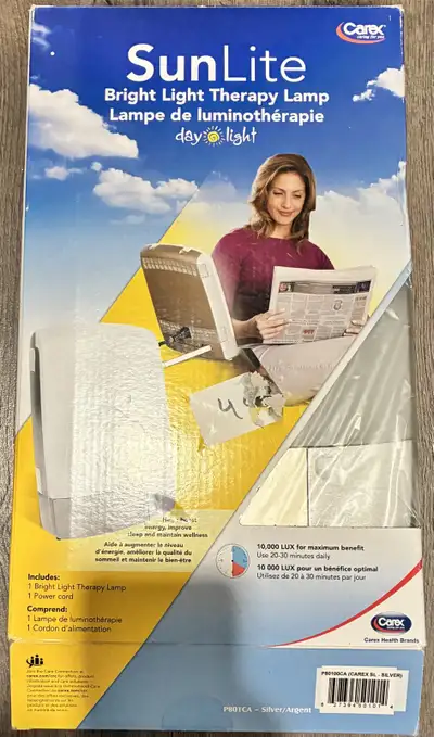 Carex Sunlite bright light therapy lamp, brand new in the box! Glare-free 10,000 LUX white light sun...