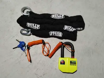 Oxford Boss Motorcycle Alarm Disc Lock and Bully Motorcycle Security Chain For sale together. May co...