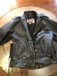 Heavy Leather Riding coat made in USA. Many Zippered pockets $75