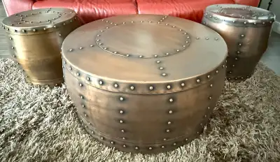 Round Antique Copper Finish Coffee Table & 2 Matching End Tables, View more