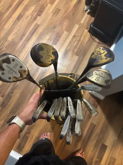 vintage golf clubs and bag, View more