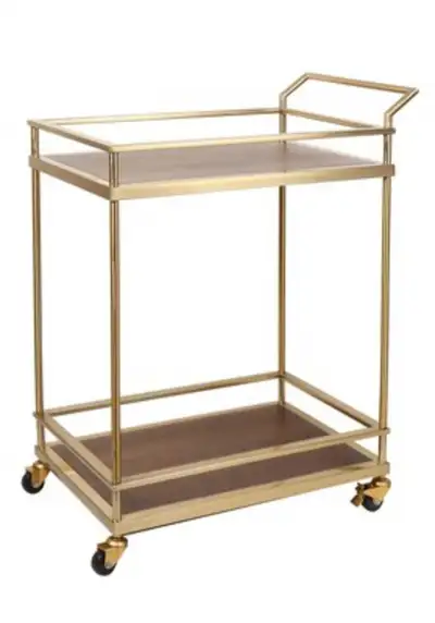 Rolling Bar Cart: Antique Gold Metal Frame w/Wood accent Shelves, View more