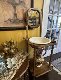 Antique wash bowl stand barley twist spindled wood decorative sw